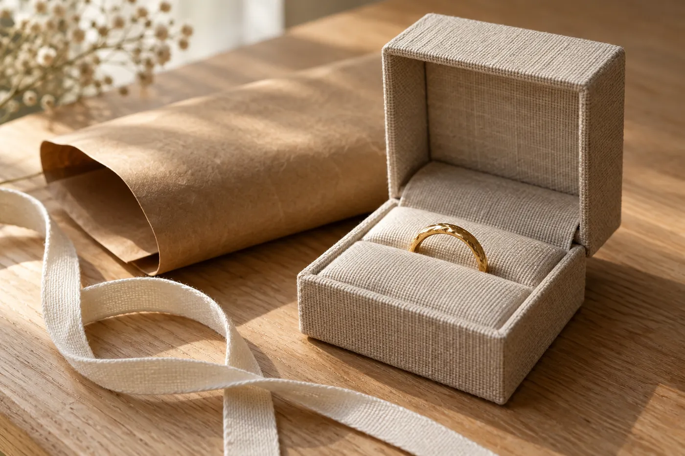 Offenes Schmuckkästchen mit einem Goldring im Polster, daneben Packpapier und ein Baumwollband