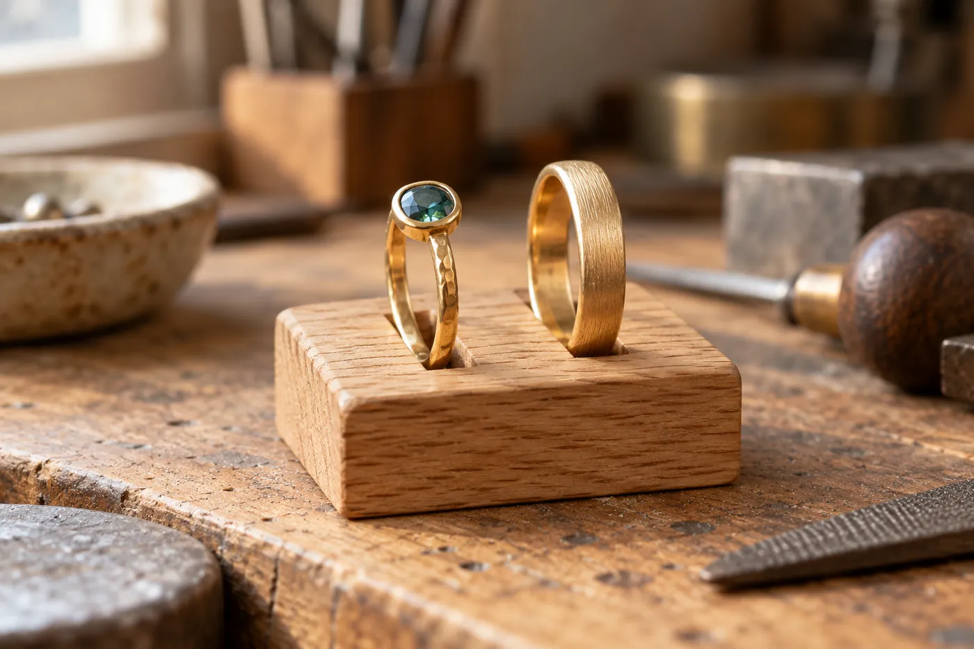 Zwei handgearbeitete Goldringe auf einem Ringständer aus Eiche
