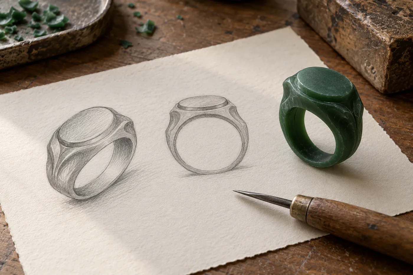 Bleistiftskizzen eines Rings auf Papier neben einem geschnitzten grünen Wachsmodell
